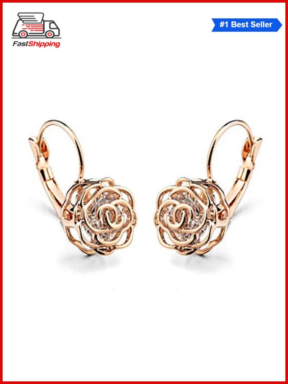 ✨ Blooming CZ Filigree 3D Rose Flower Crystal Leverback Dangle Drop Earrings
